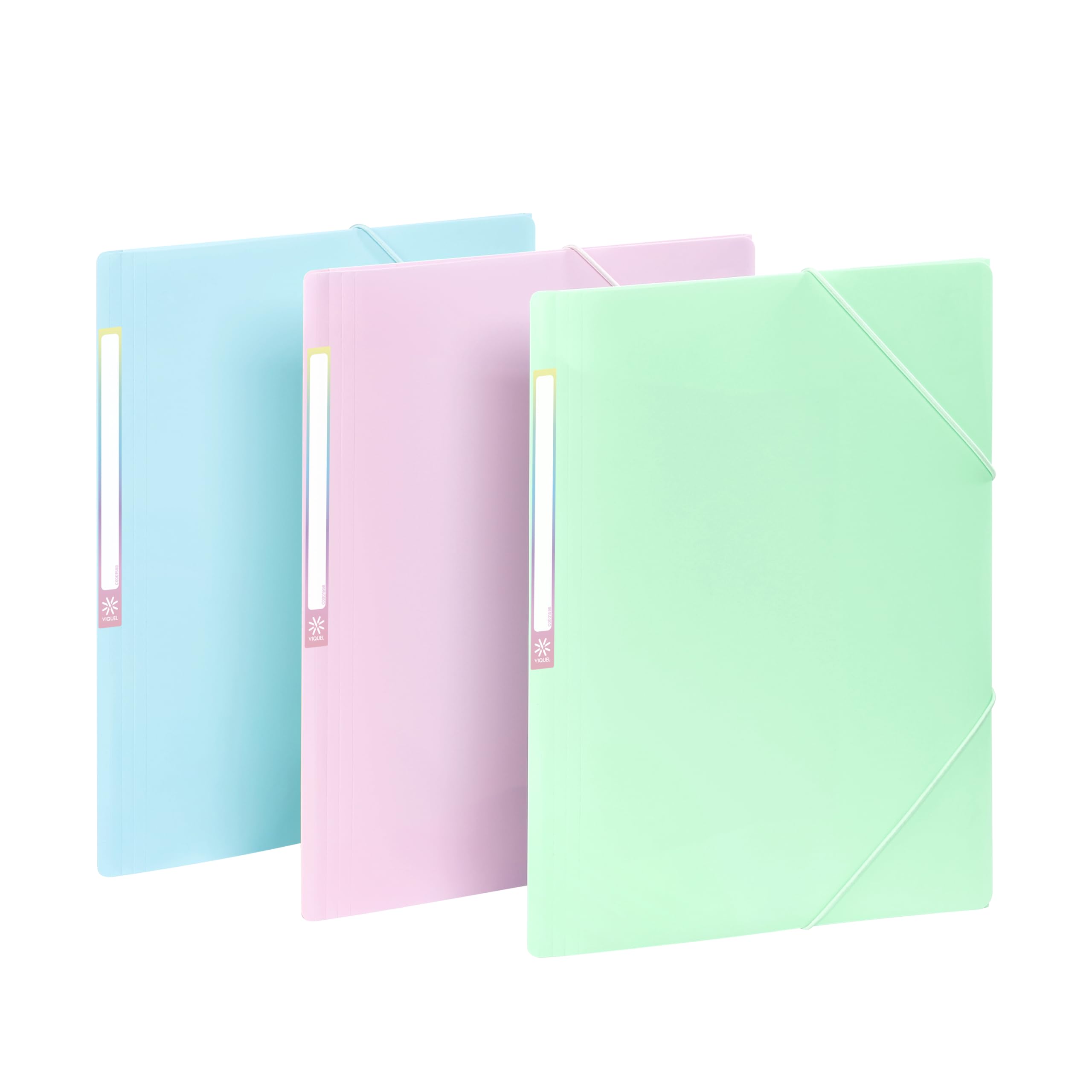 Viquel - Set of 3 Plastic Folder Rainbow Pastel - 3 A4 Pockets with ID Tags - Elastic Closure - Blue/Purple/Green