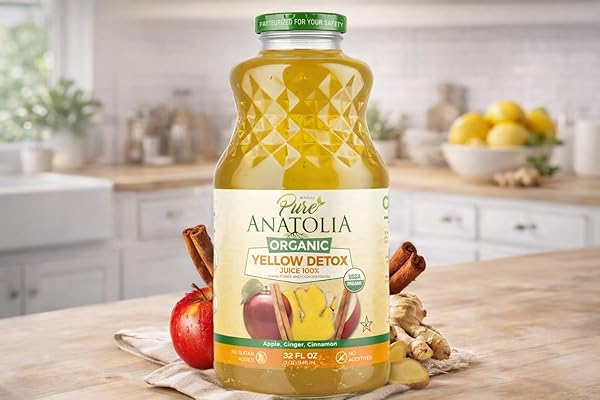 ORGANIC YELLOW DETOX JUICE BY PURE ANATOLIA – USDA ORGANIC, GLUTEN FREE, VEGAN, NO PRESERVATIVES, NON GMO- REUSABLE 1 GLASS BOTTLE OF 32 FL OZ.