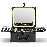 Qislee Makeup Box with A Detachable Lighted Mirror, Waterproof Travel Train Case, Cosmetic Organizer and Makeup Suitcase with Adjustable Dividers, Magnetic LED Mirror (Black)