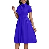 FANDEE Midi Dress for Women Casual Short Sleeve A-line Semi Formal Fit and Flare Dress Classy Tie Neck Work Business Dresses