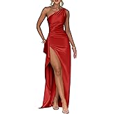 Memoriesea Women's Plus Size Satin Sexy One Shoulder High Split Cocktail Wedding Party Maxi Dress