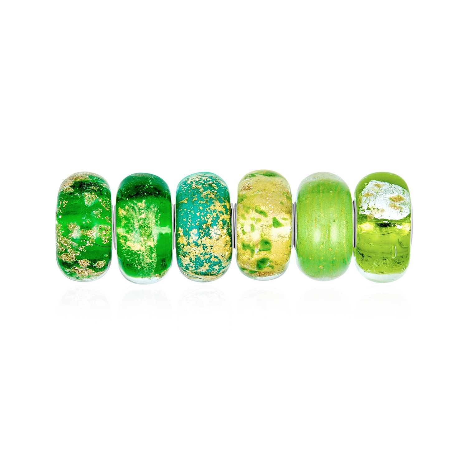 Bling Jewelry Mixed Set Of 6 Bundle .925 Sterling Silver Core Translucent Shades Of Yellow Green Gold Paint Speckle Specs Murano Glass Swirl Charm Bead Spacer Fits European Bracelet For Women Teen