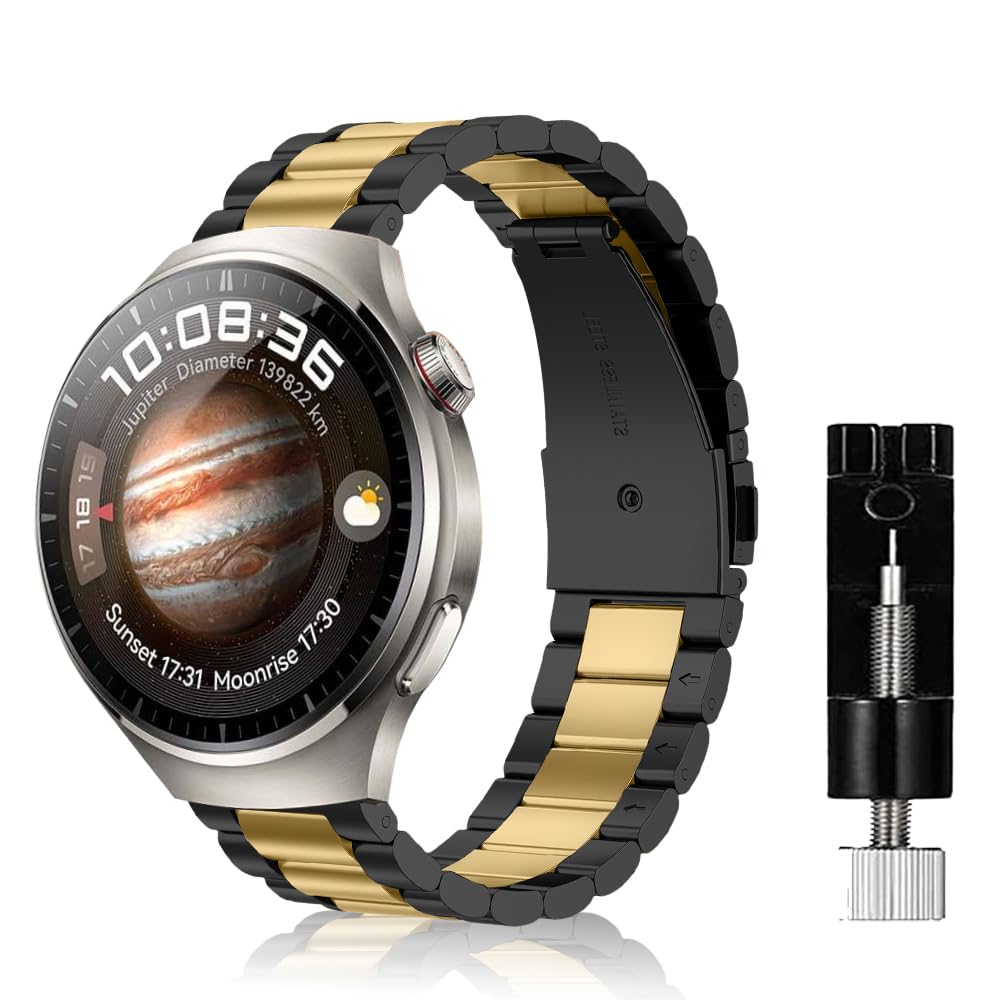SeNool 22mm Strap for Huawei Watch GT 6/GT 6 Pro/GT 5/GT 5 Pro/GT 4/GT 3 (46mm), Metal Stainless Replacement Watch Bands for Huawei Watch 5/Watch4/Watch3 Pro (46mm)/Watch4 Pro 48mm - Black/Gold