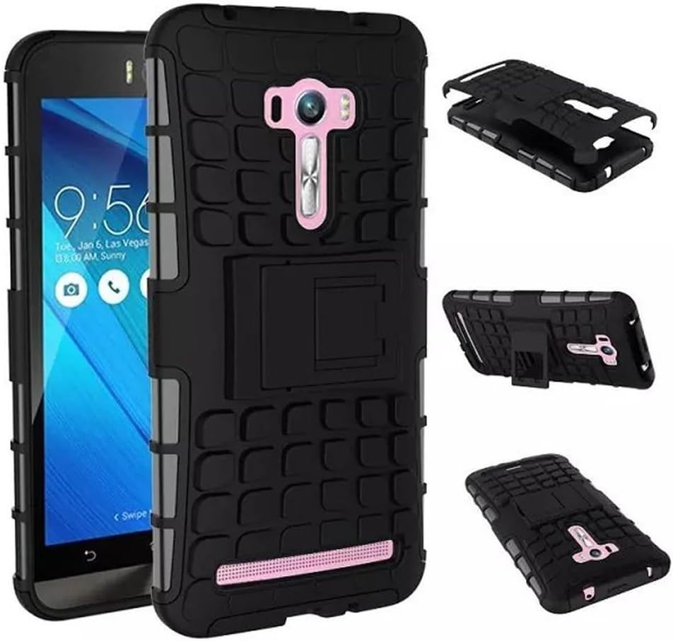 Delkart Hard Armor Hybrid Rubber Bumper Flip Stand Rugged Back Case Cover for Asus Zenfone 2 Laser 5.5 inch ZE550KL (Black)