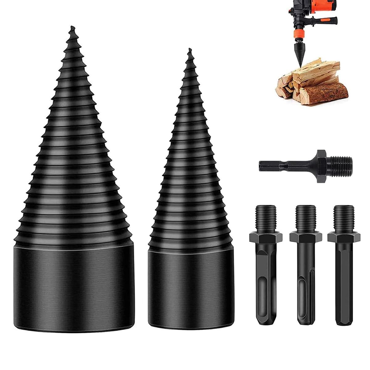 Jerxiero Log Wood Splitter Drill 45mm + 32mm with 4pcs Handles/Shanks, 6Pcs Splitting Cone Bit Set Screw Cones Wedge Cut Tool Firewood Heavy Duty Bits Electric Hand
