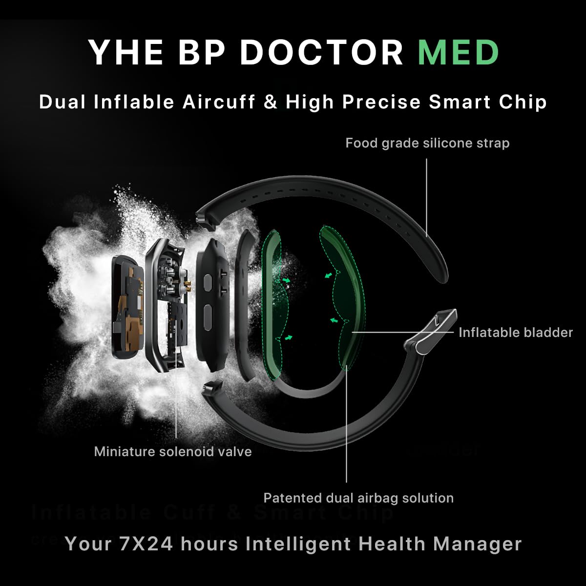 YHE BP Doctor Med, Blood Pressure Smartwatch with Dual Patented Cuff, Wrist BP Monitor 24/7 Stress Monitoring Sleep & Sports Tracking App for Android & iOS
