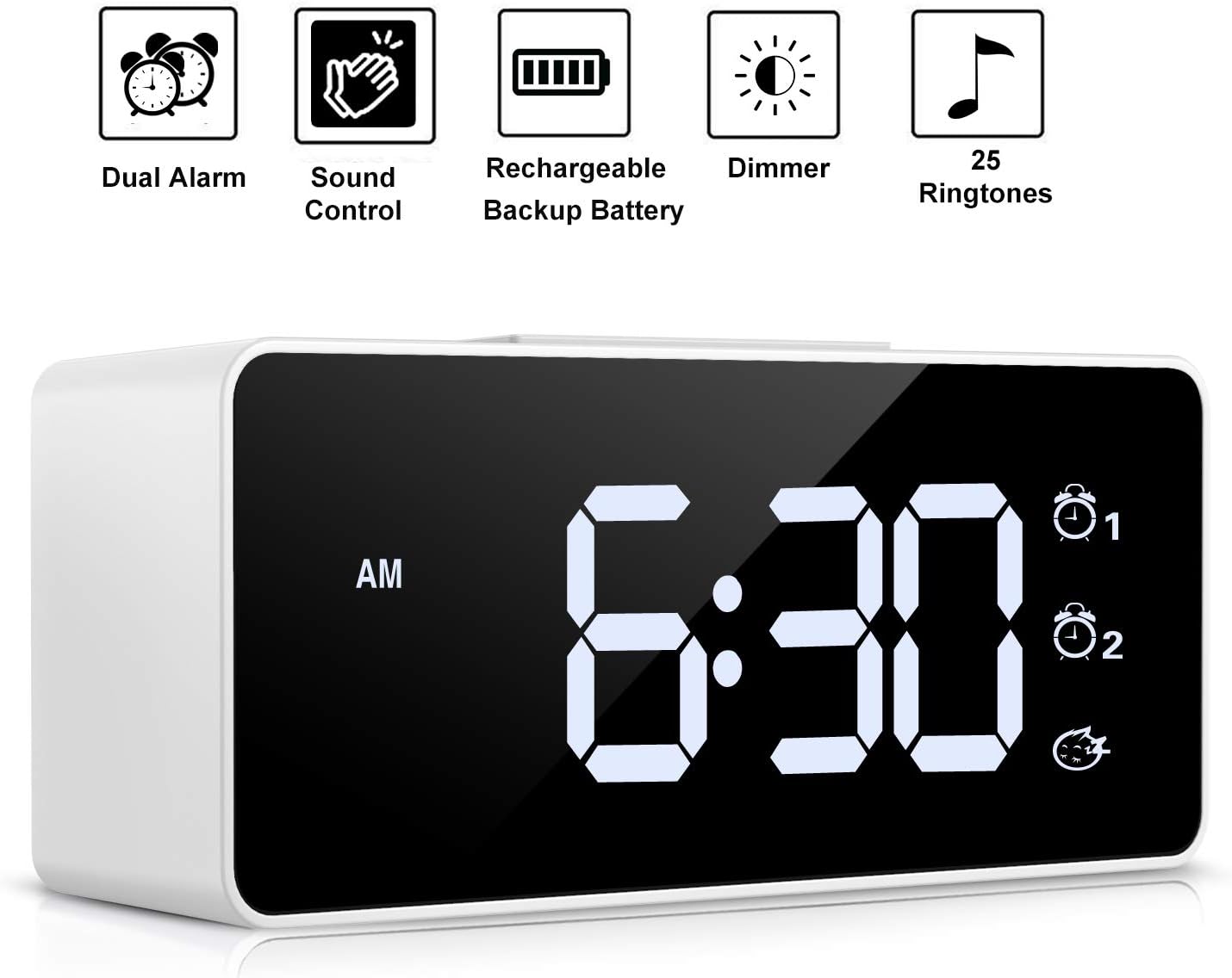 Digital Alarm Clock,Sound Control,Easy to Use,Dual Alarms,12/24 H,Snooze,25 Alarm Ringtones,Adjustable Volume&Brightness Dimmer,Rechargeable Backup Battery,Alarm Clock for Bedrooms,Bedside,Kids(White)