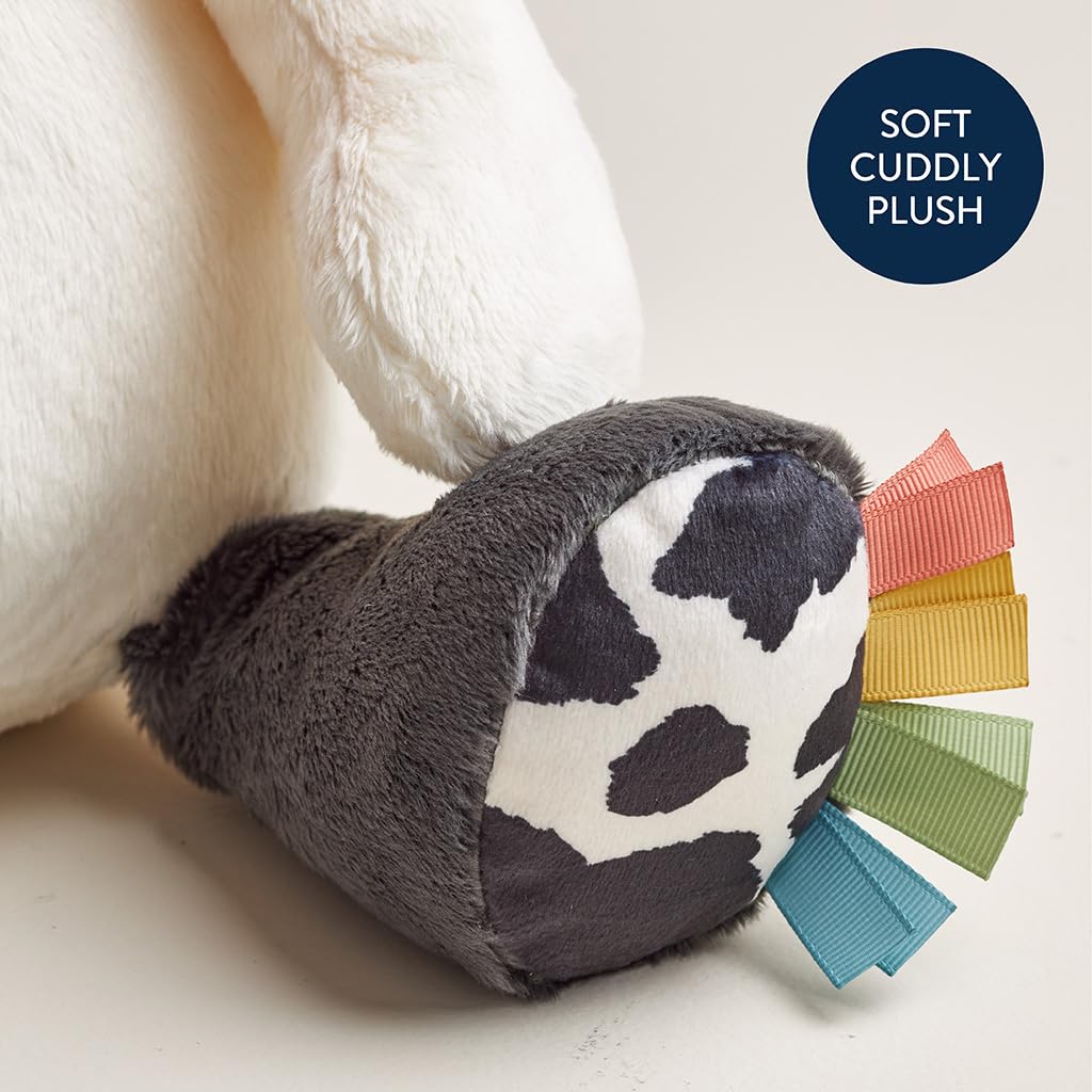 Itzy Ritzy Snuggles Plush Toy – Soft Stuffed Animal for Babies, Kids & Adults – Sensory Ribbons & Textured Fabrics for Tactile Play – Cozy & Cuddly Companion for Newborns & Up (Cow)
