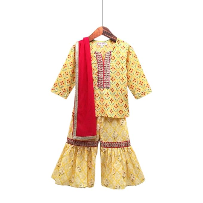 Amber By Hopscotch Girls Cotton Floral Kurti With Sharara And Dupatta In Yellow Color