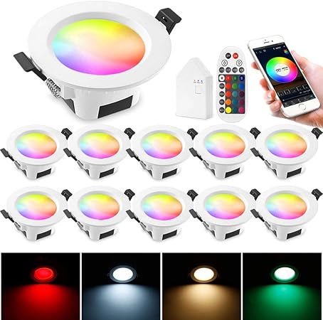 10 focos LED empotrables con WiFi Bluetooth 9 W 230 V RGBWC empotrables 16 millones de colores con mando a distancia Smart Bridge compatible con Alexa Google Home