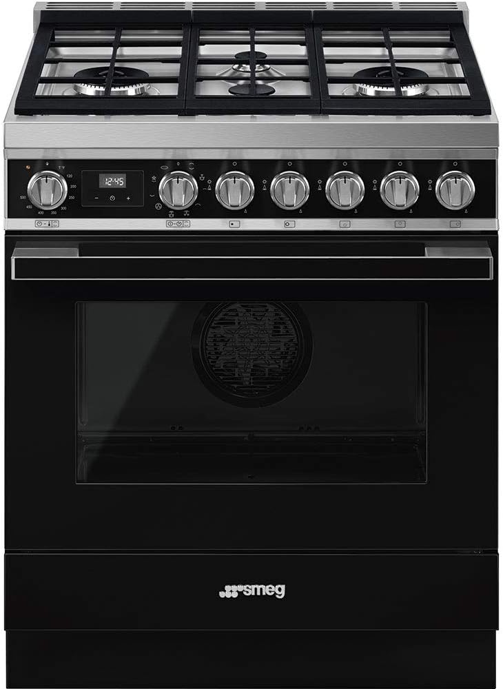 Smeg Portofino Aesthetic Pro-Style 30-Inch Freestanding Dual Fuel Range (Black)