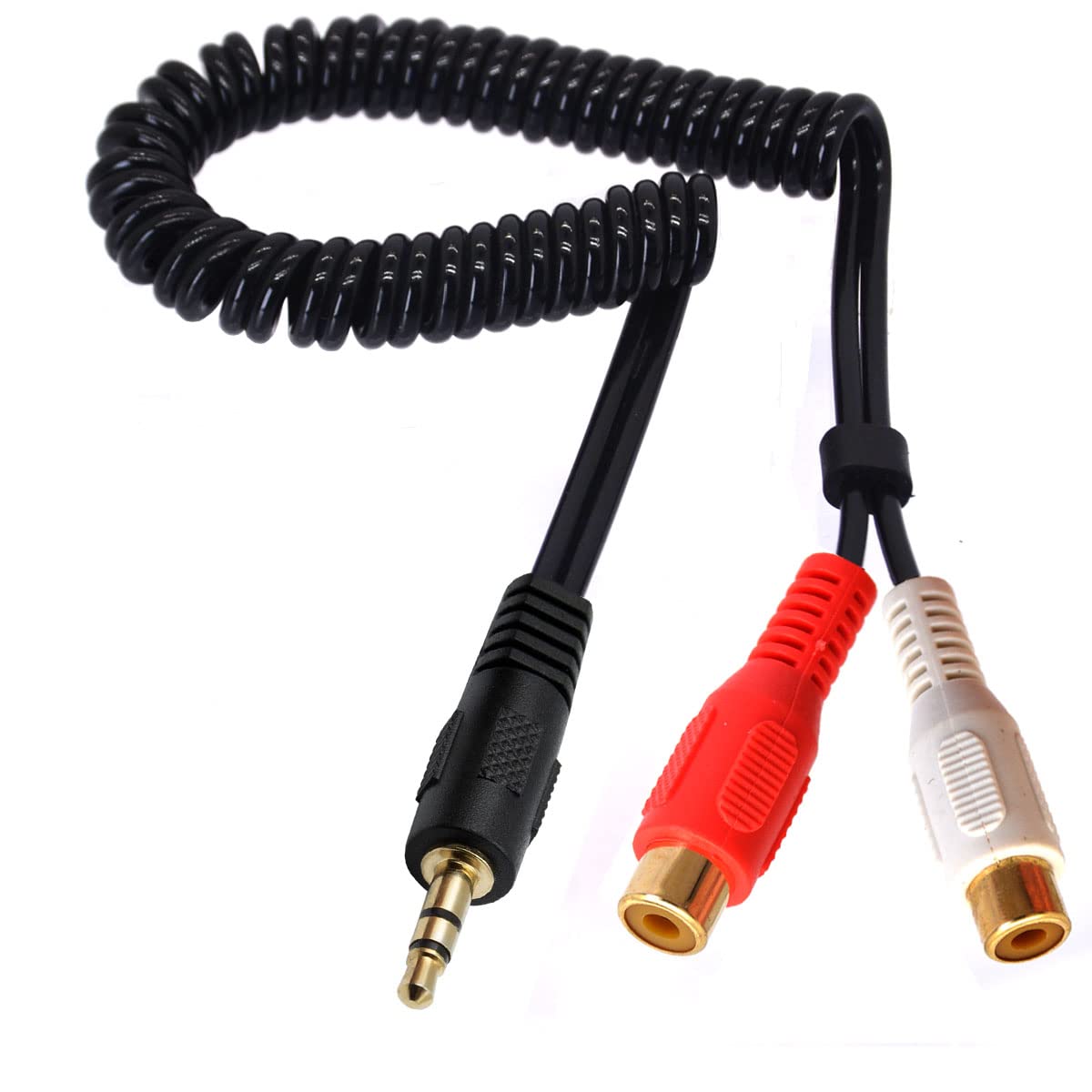 Coiled 3.5mm to 2RCA Y Splitter Cable, Spring Dual RCA Male to 3.5mm Male Headphone Jack Stereo Adapter Cable, Gold Plated 1/8 TRS Male to Dual RCA Male Audio Cable 80cm (3.5mm Male To 2RCA Female)