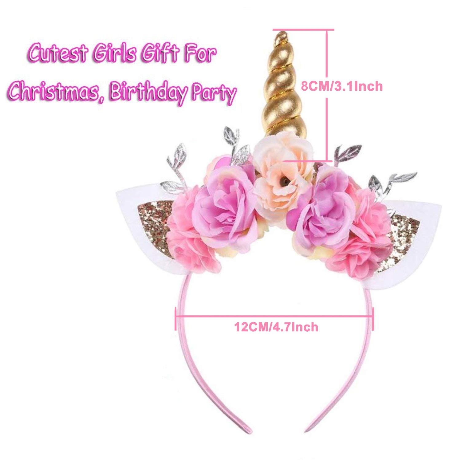 Kids Girls Unicorn Headband Gold Horn Ears Flower Headband Glitter Horn Headband Flowers Headwear Accessory for Christmas Party Cosplay Costume Birthday