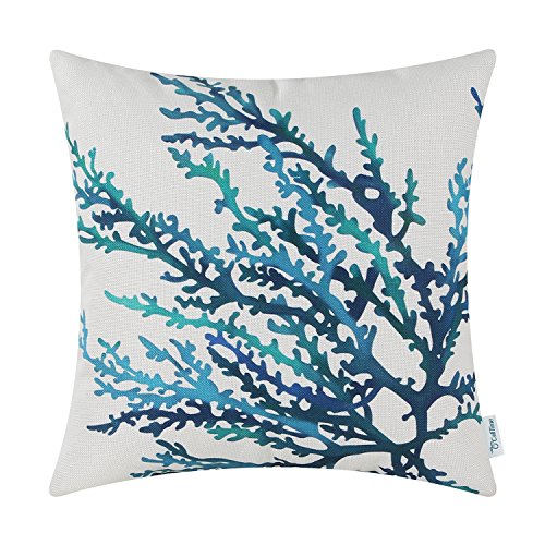 CaliTime Canvas Throw Pillow Cover Shell for Couch Sofa Home Decor, Aquarelle Painting Print 18 X 18 Inches, Sea Coral Tree Blue Teal