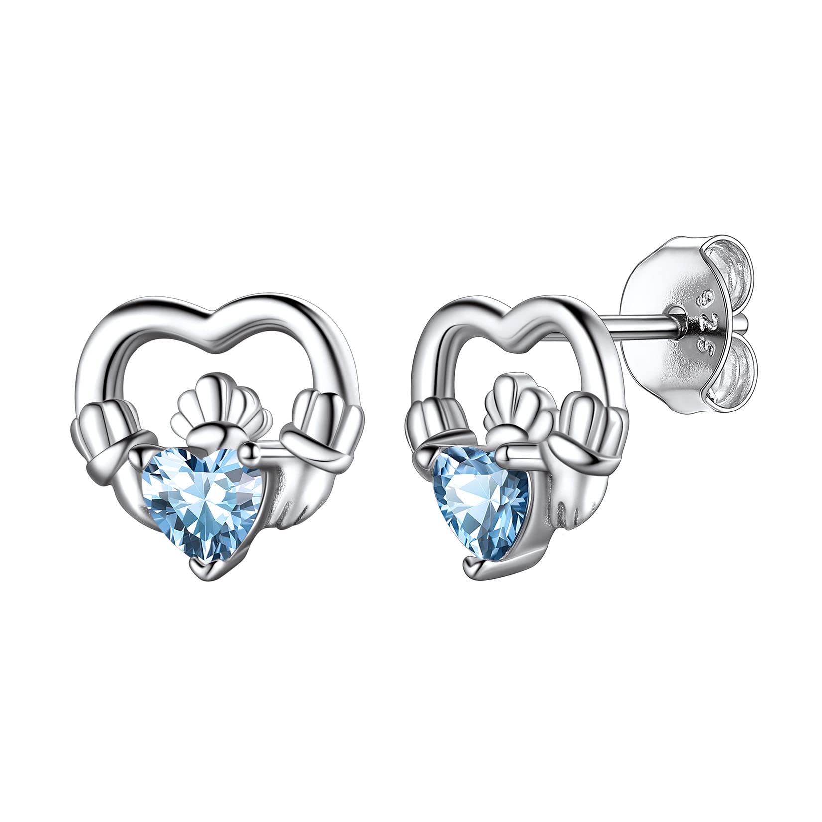 Hypoallergenic 925 Sterling Silver Claddagh Celtic Knot Blue Aquamarine March Birthstone Earrings, Birth Stone Jewelry Dainty Cute Stud Heart Shaped Hoop Earrings for Women Teen Girls