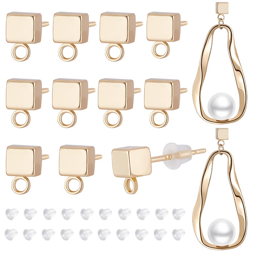 BENECREAT 6 Pairs Real 14K Gold Plated Brass Cube Stud Earring Findings 0.8mm Pin, with Horizontal Loops and 30Pcs Plastic Ear Nuts for Anniversaries Gifts Favors Jewelry Making