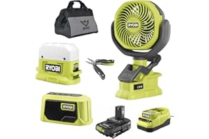 Buho Cordless 4 Tool Accessory Bundle - Ryobi Clamp Fan Area Light Bluetooth Speaker Multi Tool 18V Battery Charger Tool Bag - Combo Kit Ideal for Outdoor Camping or Emergencies