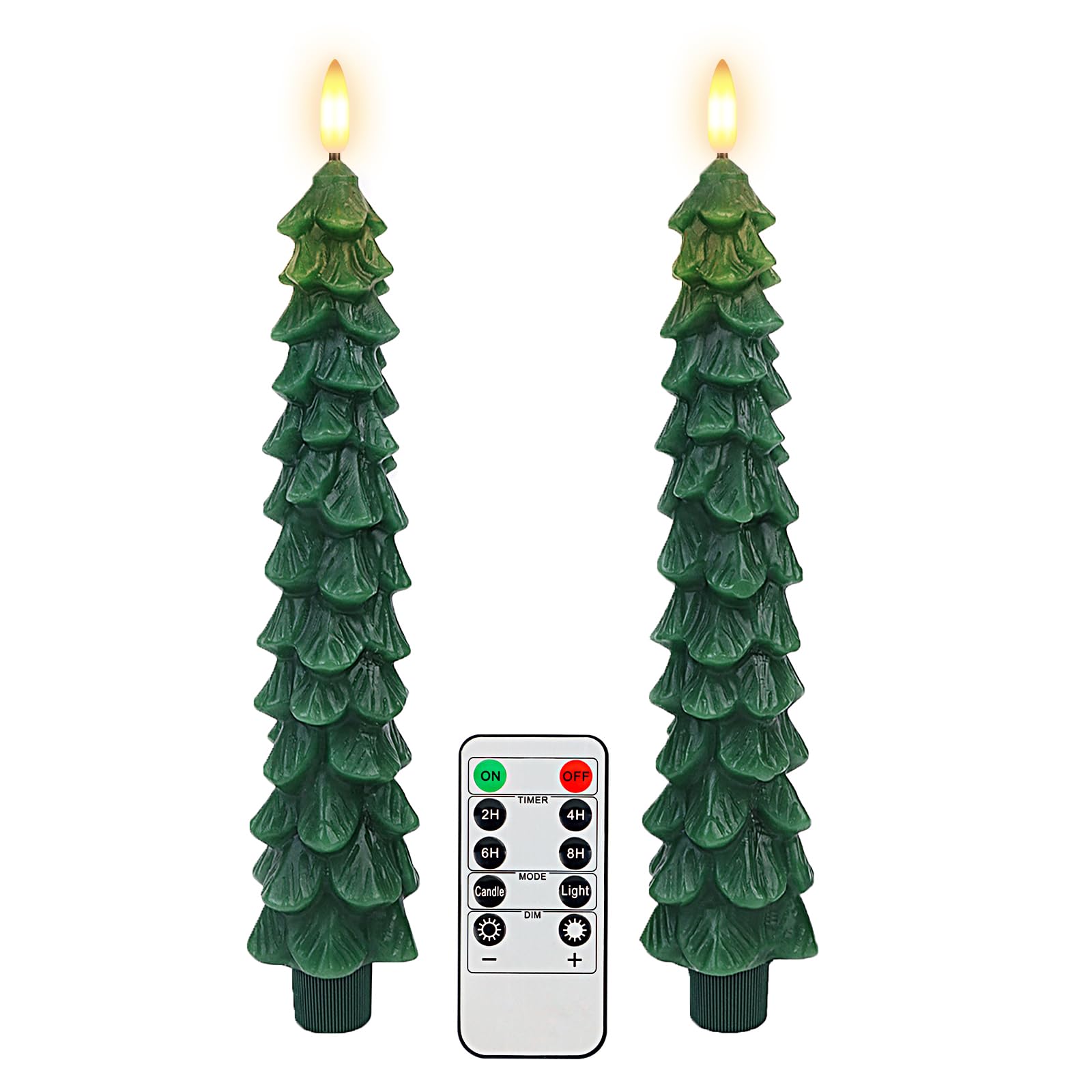 Photo 1 of Warmhere Christmas Tree Candles with Remote Timer, 2 Pack Flameless LED Taper Candles Battery Operated, 3D Flame Flickering, Green Waxy Christmas Candlesticks for Home Fireplace Decor, 0.78" x 9.5"