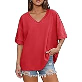 Tankaneo Womens V Neck Oversized Tshirts Summer Casual Short Sleeve Shirts Baggy Loose Fit Tees Tunic Tops