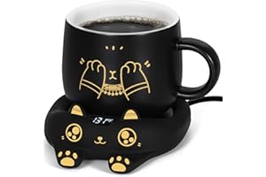 PUSEE Coffee Mug Warmer & Cute Cat Mug Set, Coffee Cup Warmer for Desk with Auto Shut Off, Beverage Warmer with 3 Temp Settings, Candle Warmer Coffee Warmer with Mug Set for Christmas & Birthday Gifts