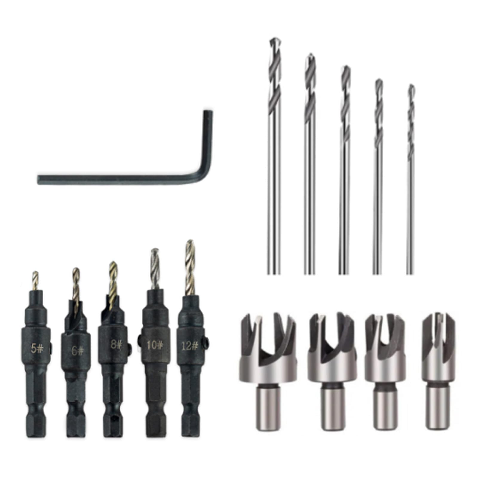 Oiieco 15Pcs Countersink Drill Bit & Plug Cutter Set, Adjustable Woodworking Countersink Drill Bits (#5,6,8,10,12) with 1/4" Hex Shank, Spare Drill Bits & Wrench