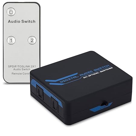 kwmobile Digital Audio Verteiler Switch - 2 facher Umschalter Adapter für optische SPDIF Toslink Audiokabel mit IR Fernbedien