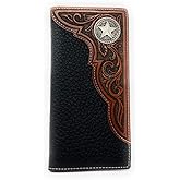 Western Premium Genuine Leather Tooled Men's Long Bifold Wallet premium cowboy wallets in 2 colors (Black Star)