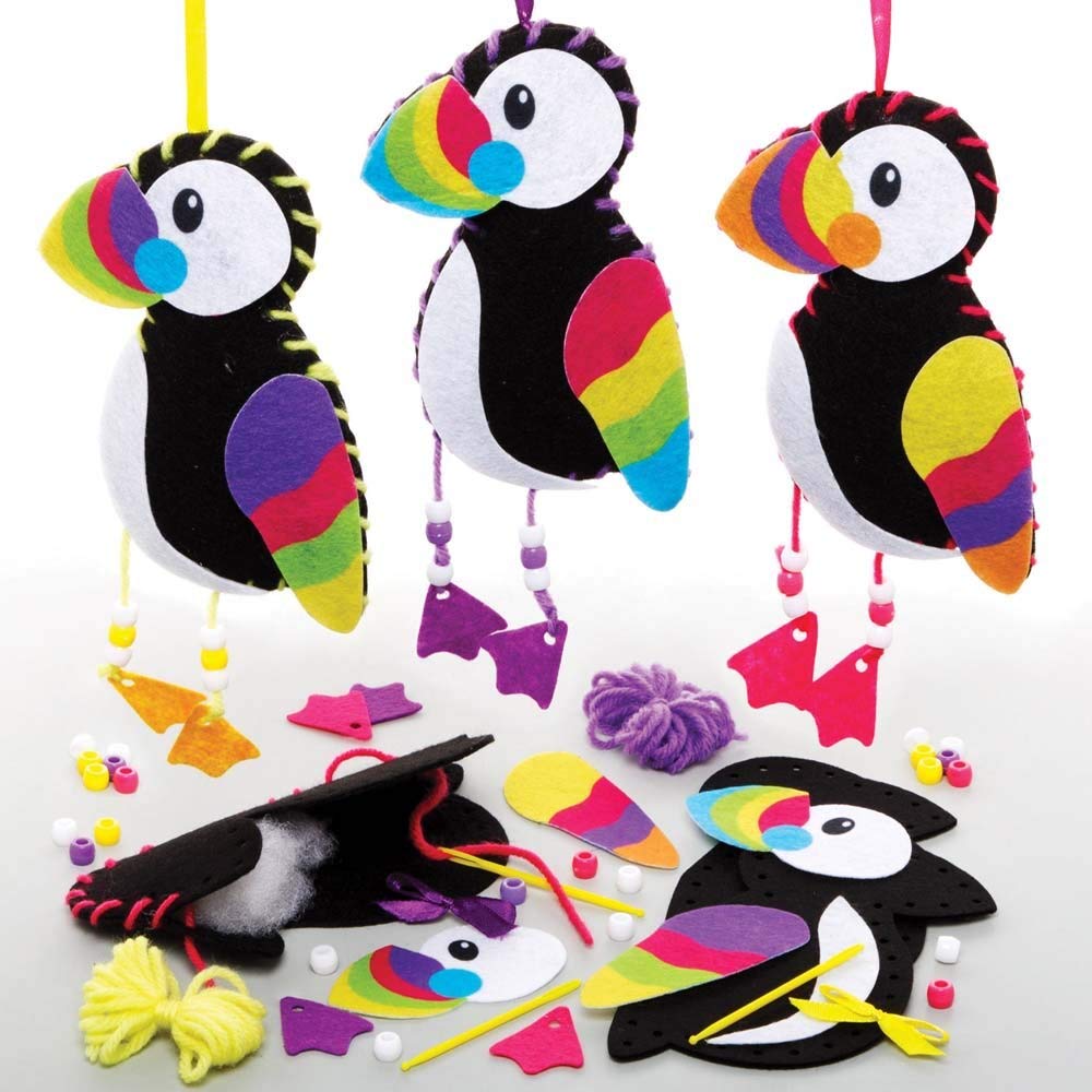 Baker Ross FE199 Puffin Decoration Sewing Kits - Pack of 3, Sewing Set for Children, Creative Activities for Kids, Ideal Arts and Crafts Project