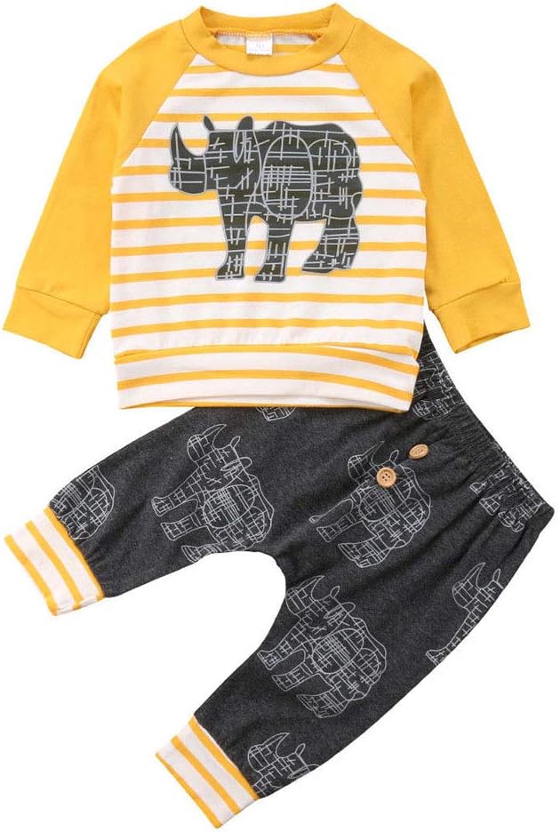 Newborn Baby Boy Clothes Set Kids Long Sleeve Cartoon Animal Striped Shirt Tops+Long Pants 2Pcs Outfits Tacksuit