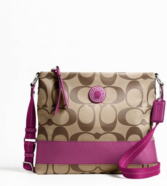 Coach Signature Purse with Patent Fabric Trim 19220 Khaki and Berry