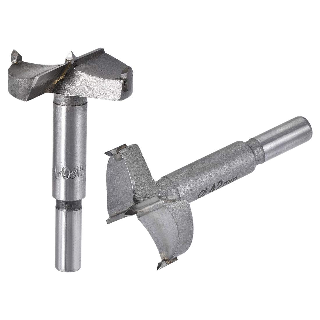 sourcing map Forstner Wood Boring Drill Bits 42mm 45mm Dia. Hole Saw Carbide Alloy Steel Tip Round Shank Cutting for Hinge Plywood Wood Tool 2in1 Set