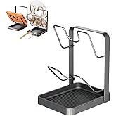 Yueliang Kitchen Pot Lid Storage Rack, 304 Stainless Steel Pot Lid Holder While Cooking, Multifunctional Kitchen Pot Cover Organizer for Countertop, With Removable Drip Tray (Gray double-layer)