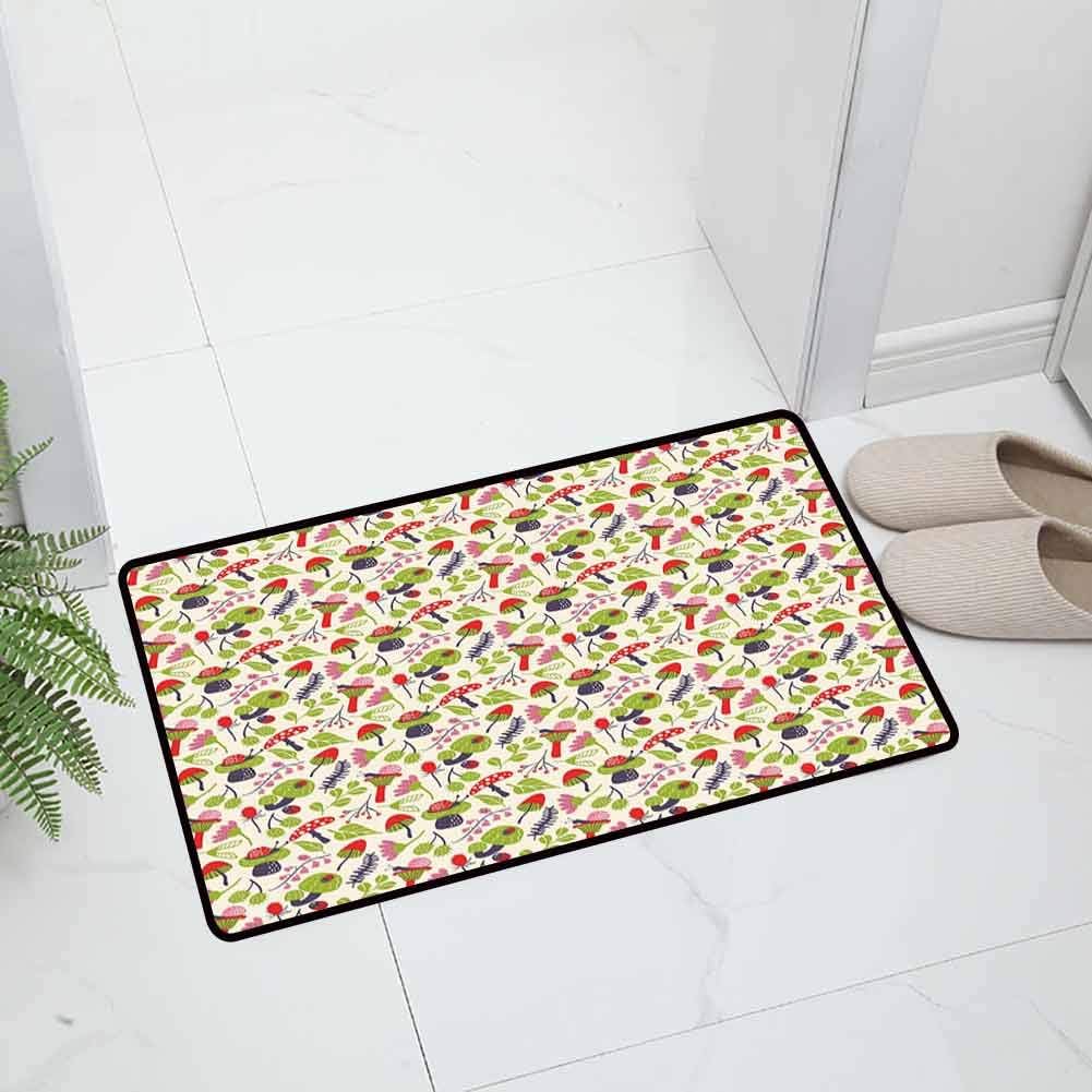 Mushroom Indoor Outdoor Non Slip Door Mat Kitchen Floor Mat Forest Life d with Ladybird Snail Flower and Leaf Childish Characters Easy to Clean, 47 x 31.5 inch Multicolor