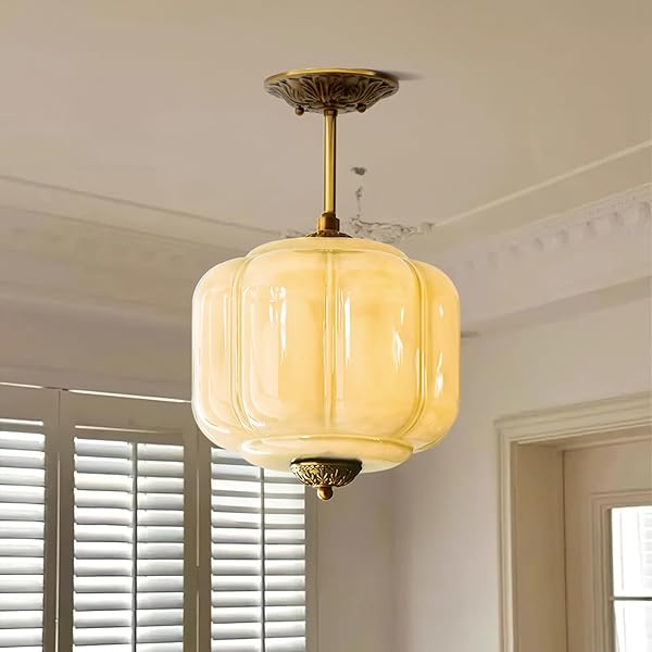 CKENSU MILK GLASS CEILING LIGHT FIXTURE – ANTIQUE BRASS SEMI FLUSH MOUNT PENDANT LIGHT FOR KITCHEN, HALLWAY, AND BEDROOM (GREEN, 9 INCH)