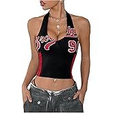 Milumia Women Graphic Jersey Shirts Backless Halter Top Sexy Deep V Neck Sleeveless Crop Tops Streetwear