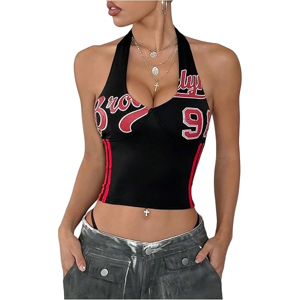 RoseSeek Women's Number Letter Graphic Jersey Halter Top
