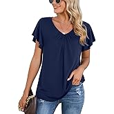 Iandroiy Women's Casual Shirred V-Neck Top Ruffle Short Sleeve Shirts Basic Pleated Top