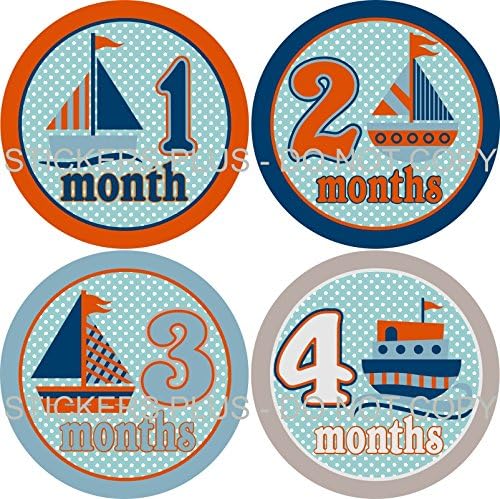 Baby Boy Month Stickers Monthly Baby Milestone Stickers Nautical Ocean Sail Boat Sailboat Blue Gray Grey Orange Baby Age Stickers
