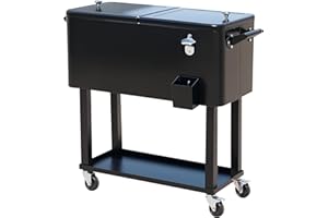 Outsunny 80 Quart Rolling Cooler Cart Portable Patio Ice Beer Beverage Cooling Bin for Outdoor Party w/Bottle Opener & Storag