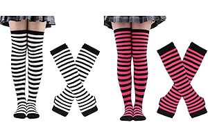 ZXOLDZX 4 Pairs Womens Striped Arm Warmers Goth Y2K Knitted Fingerless Gloves with Long Knee High Socks Set
