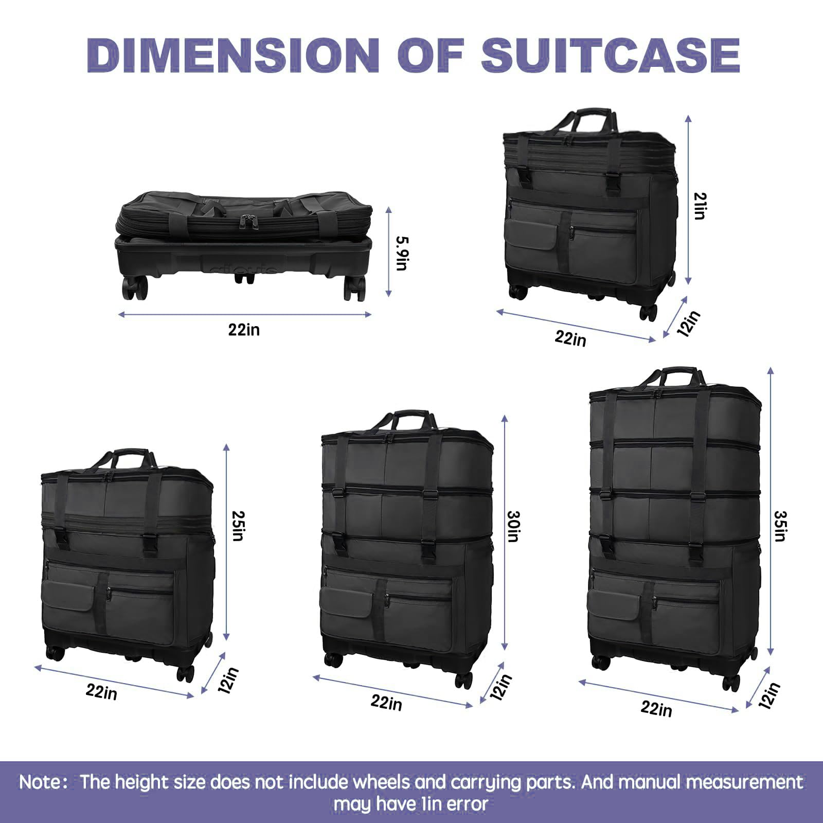 UEIPA Expandable Collapsible Luggage with Telescoping Handle Foldable Suitcase with Removable Wheels Rolling Travel Duffel Bag for Men and Women
