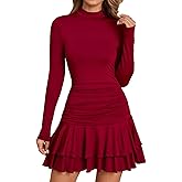 GLNEGE Fall Long Sleeve Mini Party Dress Flowy Mock Neck Ruffle Layered Going Out Dresses for Women