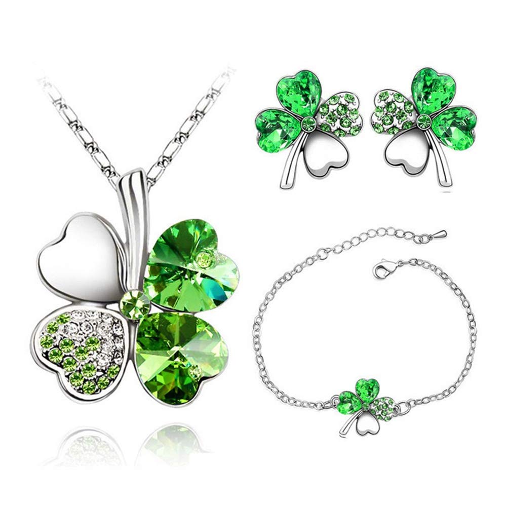 AILUOR Four Leaf Clovers Jewelry Set, Fashion Austrian Crystal Lucky Four Leaf Clover Pendant Necklace Bracelet Stud Earrings Set for Women Girl Bridal Wedding Jewelry (Green)