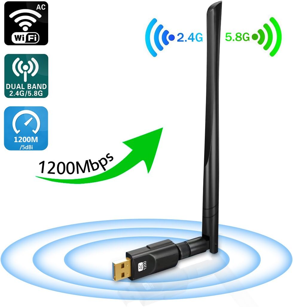 USB WiFi Adapter 1200Mbps, USB3.0 Wireless Network Adapter with 5dBi Antenna, DORISO 2.4GHz/300Mbps+5GHz/867Mbps 802.11AC Wireless Adapter for Windows 10/8.1/8/7/XP/Vista, MAC OS