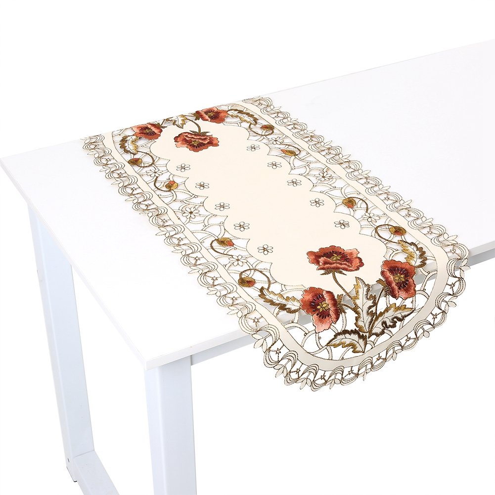 Nimomo Flower Table Runner, Vintage Red Floral Flower Hollow Embroidered Table Mat Tablecloth Cutwork Table Decor, European Style Fabric Table Cover for Banquet Decor, 40 * 85cm(Oval)