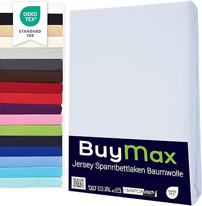 Buymax Spannbettlaken 120x200cm Baumwolle 100% Spannbetttuch Bettlaken Jersey, Matratzenhöhe bis 25 cm, Farbe Weiß
