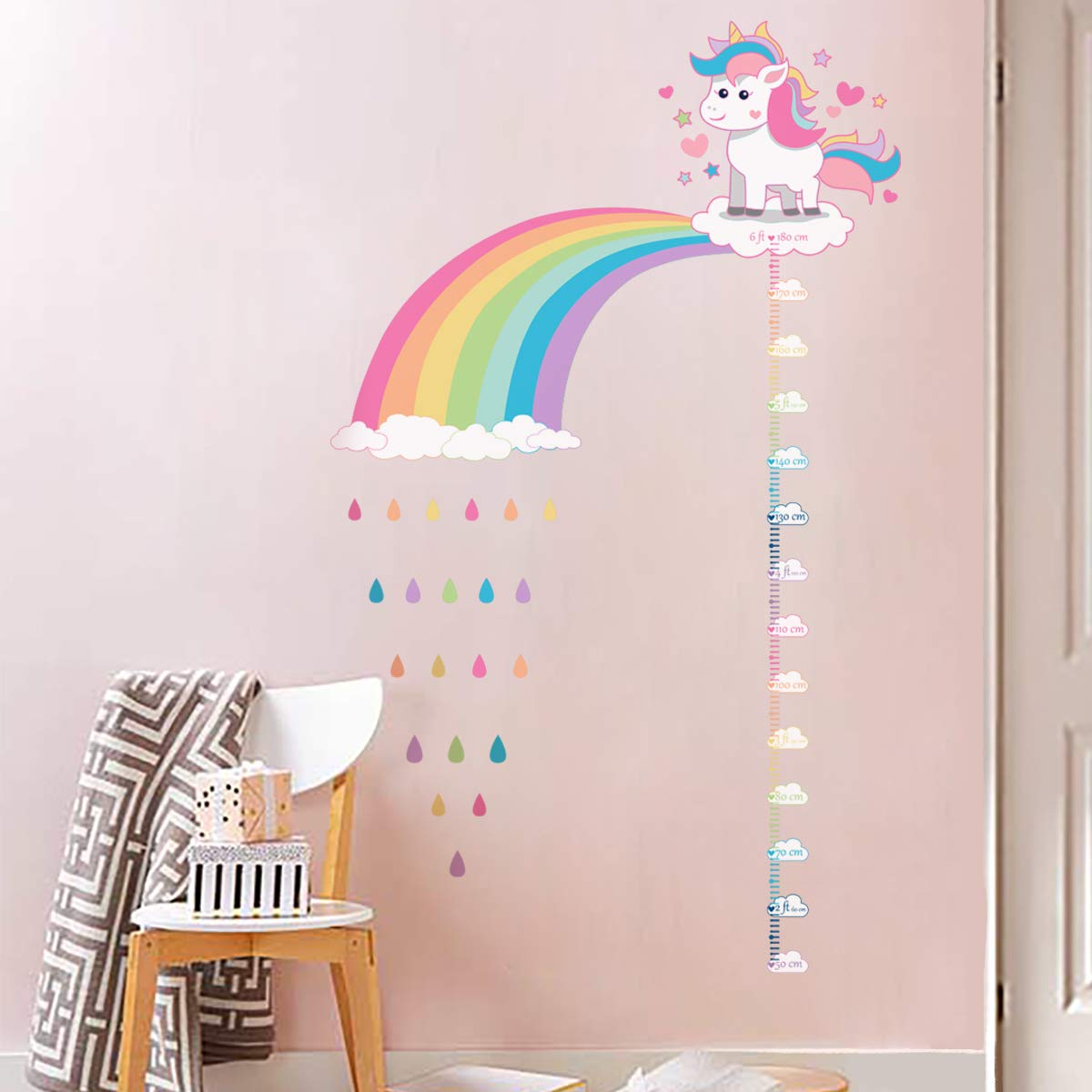 ufengke Unicorn Rainbow Height Chart Wall Stickers Cloud Raindrop Wall Decals Art Decor for Kids Girls Bedroom Nursery Living Room