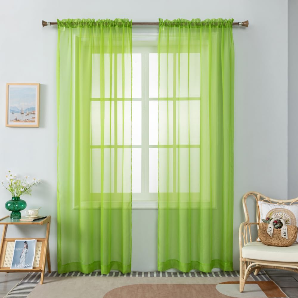 WPM Lime Green Sheer Curtains 58" Wide x 95" Long 2 Panels Livingroom Window Treatment Rod Pocket Sheer Voile for Bedroom, Kitchen, Childrens Room Fully Stitched and Hemmed