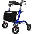 Henmnii Rollator Walker for Seniors, Lightweight Foldable All Terrain Rolling Walker with seat, Aluminum Walkers with 8 inch Rubber Wheels, Handles and Backrest for Seniors and Adult