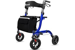 Henmnii Rollator Walker for Seniors, Lightweight Foldable All Terrain Rolling Walker with seat, Aluminum Walkers with 8 inch Rubber Wheels, Handles and Backrest for Seniors and Adult